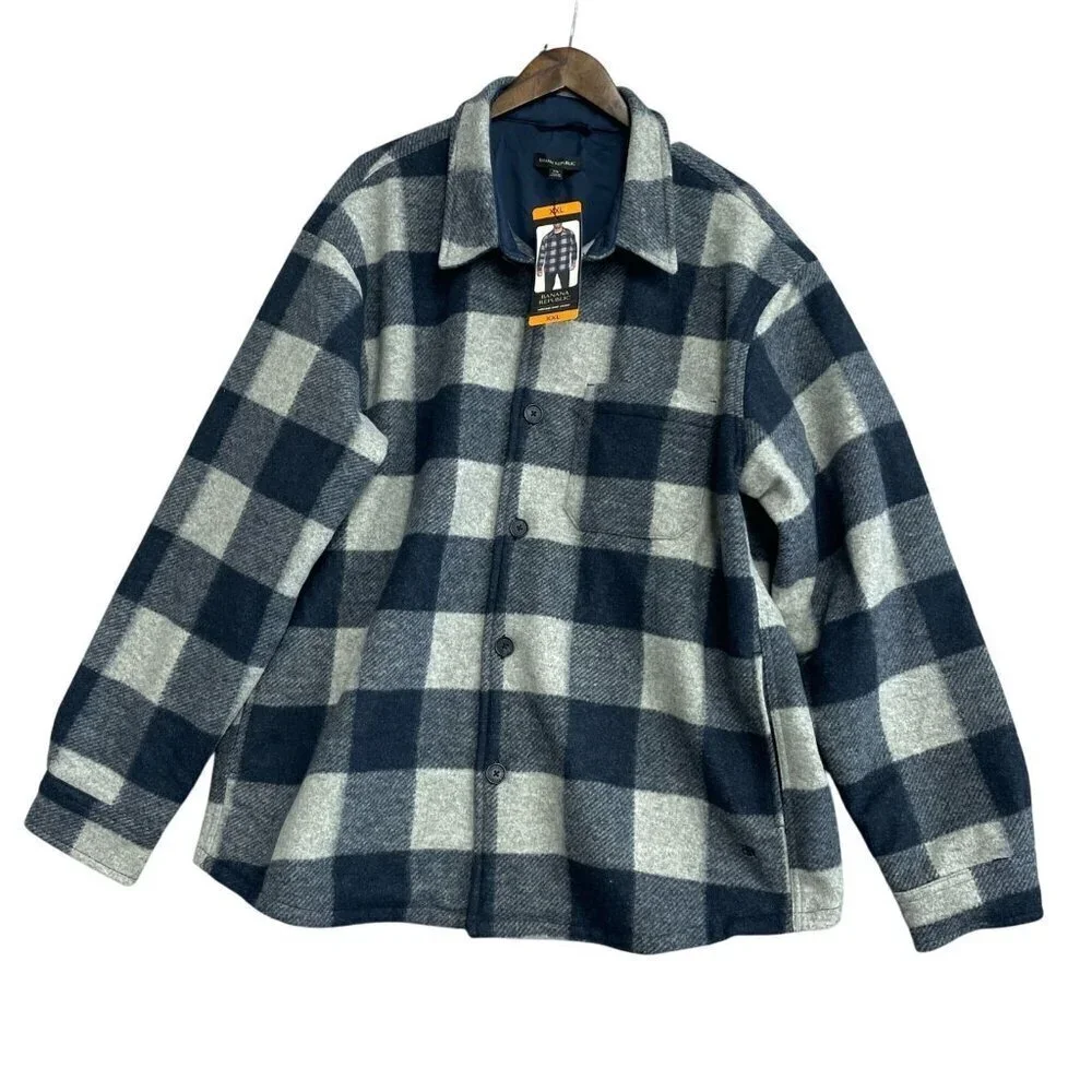 NEW Banana Republic Men's XXL Heritage Shirt Jacket Blue/Gray Plaid Polyester